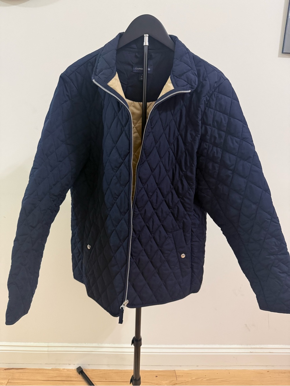 Lands' End Navy Diamond-Quilt Puffer Jacket with Cream Interior